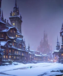 A magical snowy warlock castle with river canals in Christmas time