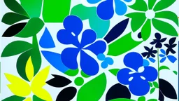 An exquisite minimalist illustration by Matisse, featuring a serene garden adorned with simple, geometric shapes of flowers. Electric green leaves and petals contrast against a light background, while bold blue outlines define the shapes. The cutout style adds depth and dimension, creating a harmonious balance of color and form.