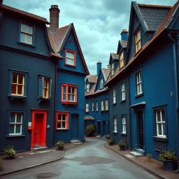 Fotografia di strada assurda e falsa orripilante blu weirdcore dai colori vivaci. Fantasy land. Escher. Non luogo falso, inusuale. Max Ernst. Le case sono false e dipinte di nero chiaro con cose stilizzate e dettagli. Ci sono finestrelle false quadrate, che danno un senso distopico e molto surreale, disposte in modo casuale. L'atmosfera generale sembra noiosa e onirica, con un contrasto tra elementi reali ed elementi dipinti falsi, René Magritte, oddest things