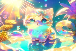 cute chibi cat in holographic paradise in sunshine