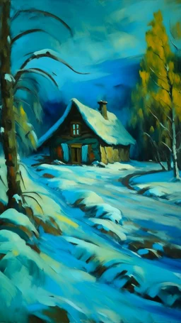 A cyan snowfield with a cozy cabin painted by Paul Gauguin