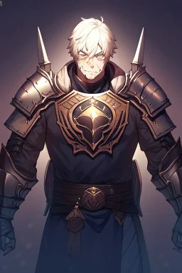 Armored male Knight by webtoon style there are lightning and blood spurts around the man his face pointed at the camera and with a serious look he lets his opponent know that it's his turn