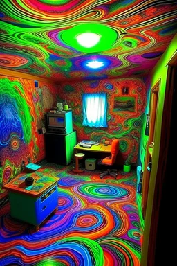 in a room on a psycodelic acid trip heading out of the 5th dimension into space time where all material is warping seeing strange every day household items melting with the speed of light