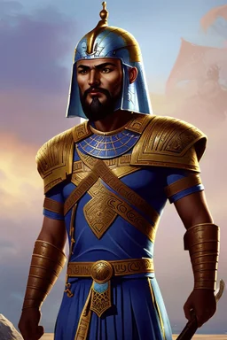 [ancien Egypt, real photography] Akkiru, Leader of the Sea Peoples, stood tall amidst the chaos of the battlefield. His helmet bore a crest like a ship's prow, an emblem of his maritime dominion. Clad in a deep blue tunic woven with threads of gold and silver, he was a beacon of command and unity among the diverse warriors under his banner. His eyes, sharp and unwavering, surveyed the conflict with seasoned wisdom. In his grip, a bronze-hilted sword gleamed in the sunlight, a reflection of the