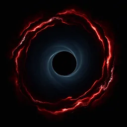 A high quality two-dimensional image of a very big black hole on a completely black background. The black hole has a bright white and red halo around it. The black hole covers the entire size of the image and is very detailed in every single part.