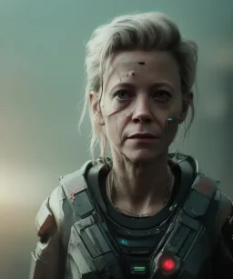 A portrait post-apocalypse cyborg Meg Ryan in a cyberpunk city, sci-fi fantasy style, 8k, volumetric lighting, particales,highly detailed,cinematic, deep scars on face,deep colours.