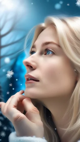 beautiful girl with blond hair dreaming of a love world with a snow