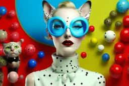 ront portrait photography, transparent porcelain printed with multicolor pop polka dots, pop courreges air hostess cat woman mask with sunglasses, an attractive, 80 degree view, art by sergio lopez, natalie shau, james jean and salvador dali