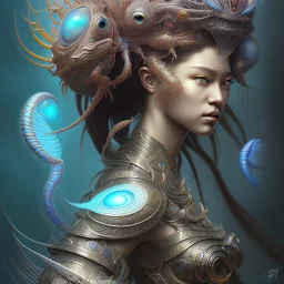 Sango fantasy, fantasy magic, intricate, sharp focus, illustration, highly detailed, digital painting, concept art, matte, art germ and Paul Lewin and Kehinde Wiley, masterpiece Indonesian lady head bronze lionfish Asian African girl nice breast Thai hair turquoise silver blue waves