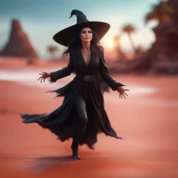 corey feldman as a flying bromstick female witch on a red sand beach ,bokeh like f/0.8, tilt-shift lens 8k, high detail, smooth render, down-light, unreal engine