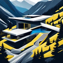 Minimalist illustration of a Zaha Hadid style country cabin in the mountains art nouvea color black white blue and yellow aerial view