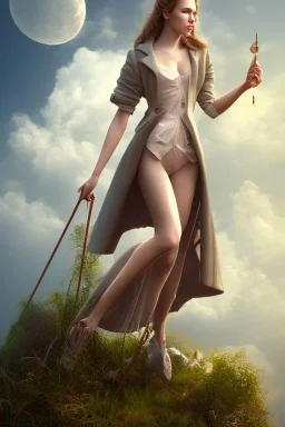 dressed woman on the ladder above clouds