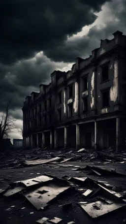 Dark destroyed abandoned buildings, gloomy depressing atmosphere, black clouds, horror, decay