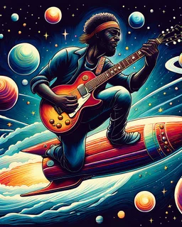 Rock and Roll Guitar Player playing a six string les paul guitar and Surfing on a Rocket in outer space with colorful planets around him in the style of Laurel Burch.
