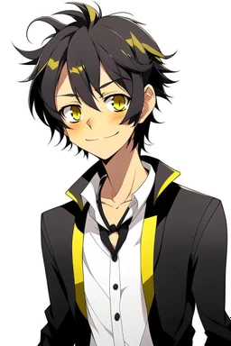 A mature anime man with messy black hair and large, black cat ears. Yellow eyes. Smirking. Full body