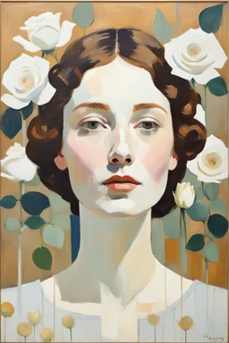 Maria Lassing-Euan Uglow mixed media painting, acrylic, oil wanderlast happy woman face portrait of woman, white rose garden, strong overhead lighting, art nouveau.