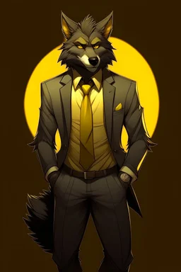 Buff, anthro, wolf, himbo, black fur, gold eyes, wearing a suit, full-body