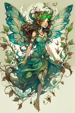Forest fairy with iridesand teal wings and a cute short leaf dress and pointed ears and multiple vine earings and ear cuffs flying through a mythical forestand brown wavy hair trailing her