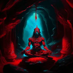 An oil painting of Hindu god YAMA in a cave, neon red colors, high detail, dark vibe