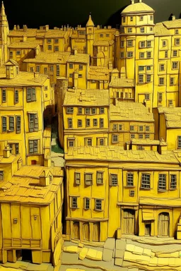A yellow short city with battery shaped buildings designed in ancient Greek pottery painted by Vincent van Gogh