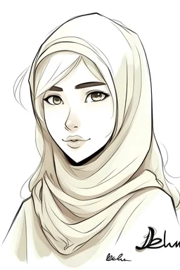 A simple drawing, a girl, blonde, wearing a hijab, signed with the name Bella,