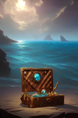 magical ocean scene, open treasure chest full of jewels, steampunk