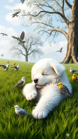 3D , a white fluffy puppy sleeping on a comfortable green grass with birds around him , a nice tree in the background, high Quality picture , 8k