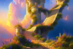 mythical long stairway up to heaven in the sky, beautiful colours, romanticism, fantasy, Neo-Impressionism, fine art