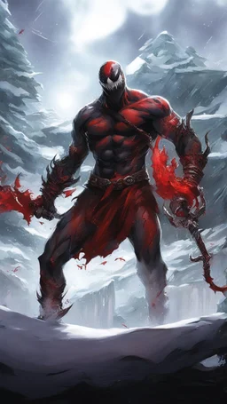 A close picture of Venom symbiote with kratos red tattoos and Clothes, holding blade of choice