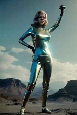 Ultra Realistic retro sci-fi portrait image from 1960, New York, spaceship, sweet young Jane Fonda, tight latex suit, weapon, fighting stance, soft color, highly detailed, unreal engine 5, ray tracing, RTX, lumen lighting, ultra detail, volumetric lighting, 3d, finely drawn, high definition, high resolution.