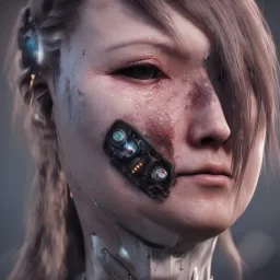 portrait closeup face crying and shout half hitomi tanaka half cyborg middlecyborgs post-apocalypse in a cyberpunk city, sci-fi fantasy style, volumetric lighting, particales,highly detailed,cinamatic, intricate, deep colours,