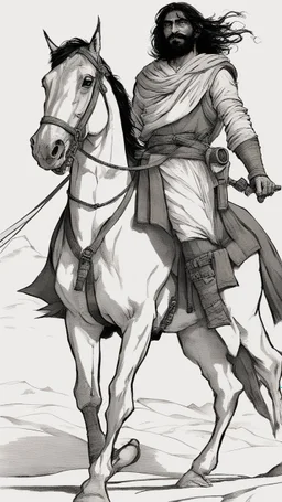 A scene in the desert of a Muslim knight from the era of his companions, the Prophet. He is tall, strong in build, and has a cheerful face. He has long black hair, black eyes, and a thick mustache. He has a bow in his hand