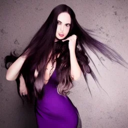 alluring witch of darkness in purple dress with very long brown hair