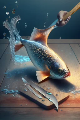 a 3d rendering of a beautifull genious fish with hands and fingers, down in the sparkly water, producing a wooden table and a big knife