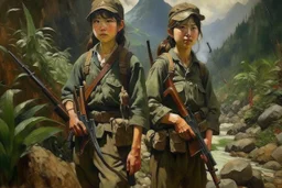 Japanese 1920 oil painting FEDRA from TLOU and the CRM from TWD but as Vietnam soldiers in the mountains