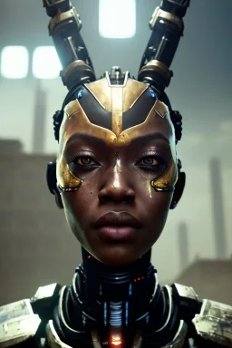 portrait,beautiful african robot, post-apocalyptic in a cyberpunk city, realistic, intriacte detail, sci-fi fantasy style, volumetric lighting, particales,highly detailed,cinamatic, deep