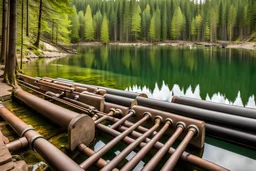 puluhan pipa saluran air yang tersusun unik saling bersambung dari atas langit turun dan mengalirkan air bening ke danau di hutan yang indah melalui puluhan mulut keran yang terbuka lebar