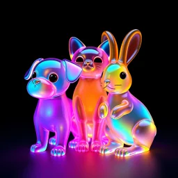 Three colored translucent 3D animals — a small dog, a cat, and a rabbit — standing together, each made of glowing glass-like material with vibrant iridescent gradients of cyan, magenta, amber, and violet glowing from within. Subsurface scattering, refractions, and caustics pass light through their transparent bodies, revealing soft inner structures. Cute proportions with rounded forms, floating in a dark void, volumetric lighting, octane render, hyperrealistic, ultra-detailed, 8k, trending on Ar
