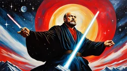 acrylic illustration, acrylic paint, oily sketch, soviet poster, Jedi Master Lenin rises lightsaber in space
