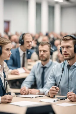 A simultaneous translator of Slavic appearance is sitting at a table with headphones with a microphone at a briefing, in a large hall, there are a lot of translators around, the background is blurred, everything is in pastel light colors