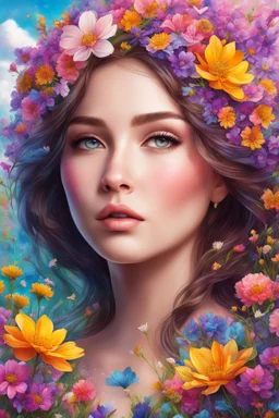 In a meadow of blossoms, she stands so fair, A girl of beauty, nature's love affair, highly detailed, pretty face, fantasy art, digital art, colored ink, 4k, vibrant colors, dream, correct face structure, correct anatomy