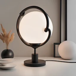 Table Lamp, design Inspired by Michelangelo's "The Creation of Adam" painting. sphere as a light in the middle. a metal lamp arm connected to the hands. modern design style. white color. studio light.