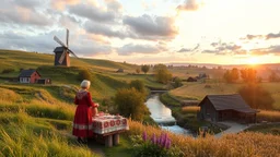 an open air Handicraft exhibition young ladies selling handicraft in the exhibition of a village over high grassy hills,a small fall and river and wild flowers at river sides, trees houses ,next to Ripe wheat ready for harvest farm,windmill ,,a few village local shops ,cloudy sun set sky,a few village local shops