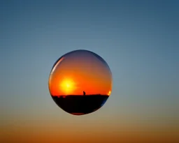 it is sunset. focused centered fine-art photography closeup of a clear spherical ice cube 3' above the ground, minimalism