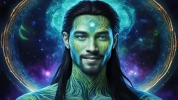 beautiful gorgeous young man na'vi with long hair, Avatar, blue skin, two small ears, green eyes, black hair, in cosmic suit, galactic ambiance, medium pointy goatee , smiling, nebulas and sacred geometry light figures on the backgroud,