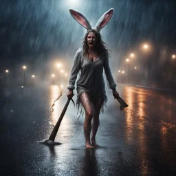 sytlish digital illustration, disheveled soaking wet woman in bunny costume with limp ears in middle of the road illuminated by headlights, dragging an ax, Dramatic, heavy rain, creepy, complex contrast, dynamic composition, scary, horror movie