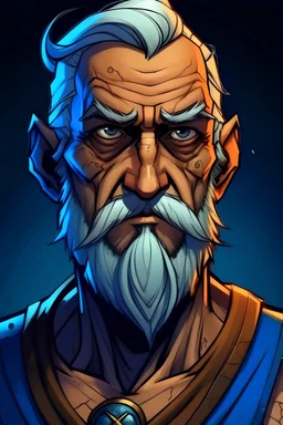 Retrato de un superhéroe vengador fuerte, anciano, sabio, ágil y con muchas cicatrices al estilo videojuego griego de Playstation 5