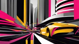 (hustle and bustle:55), (loop kick:10), (deconstruct:28), retro futurism style, urban canyon, cars of future, smooth curves, swirl dynamics, great verticals, great parallels, amazing reflections, excellent translucency, hard edge, colors of metallic grey and warm yellow and lollipop pink