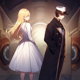 anime coupleday on the other half,ballancing scale, couple is standing back to back, female, white dress, blonde hair, male black coat, male hat, male dark brown hair