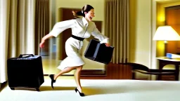 hotel housekeeping running away with a suitcase